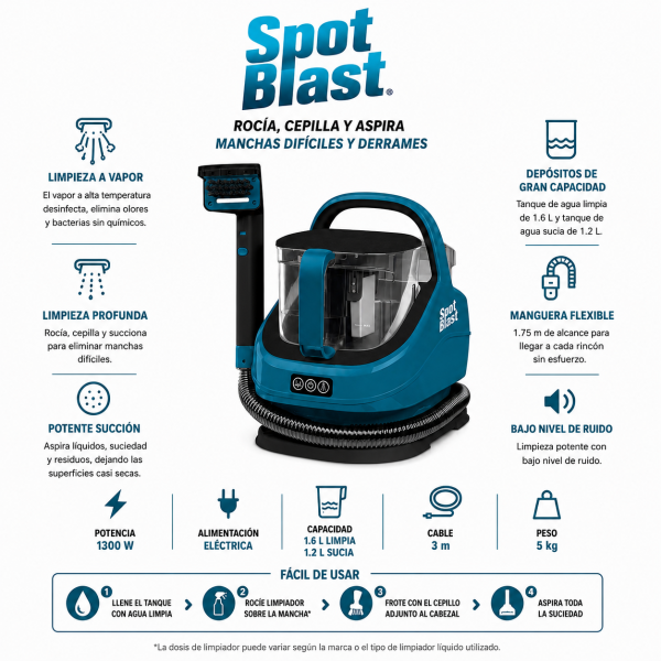 Alternative view of Aspitadora a Vapor Spot Blast Steamer Multiusos Portátil de 650W, para muebles, vestiduras, tapetes y colchones